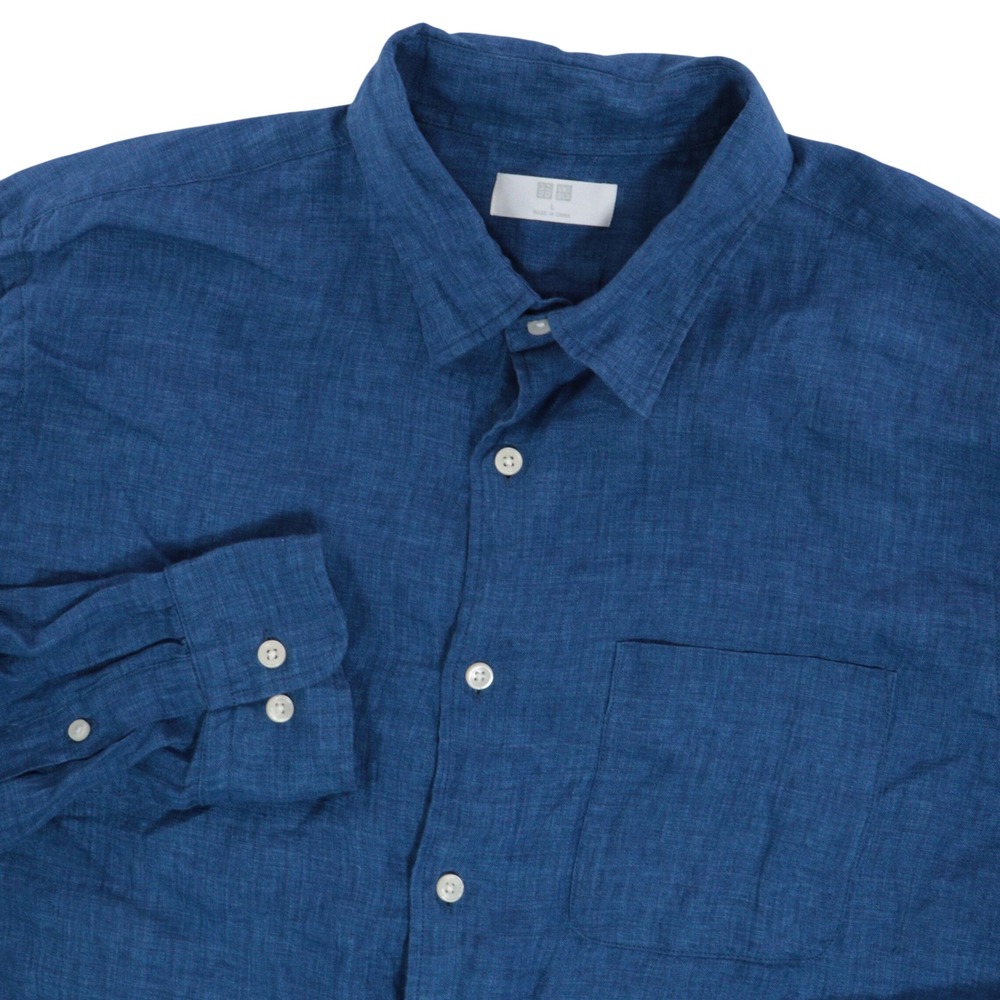 Uniqlo Button Up Shirt Men L 100% Linen Long Sleeve Casual Breathable Blue